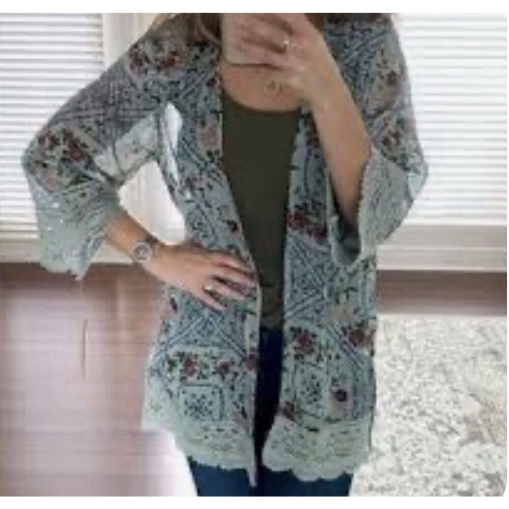 Mason & Belle Boho Teal Floral Kimono Cover Up 2X | Sheer Lace Trim Duster